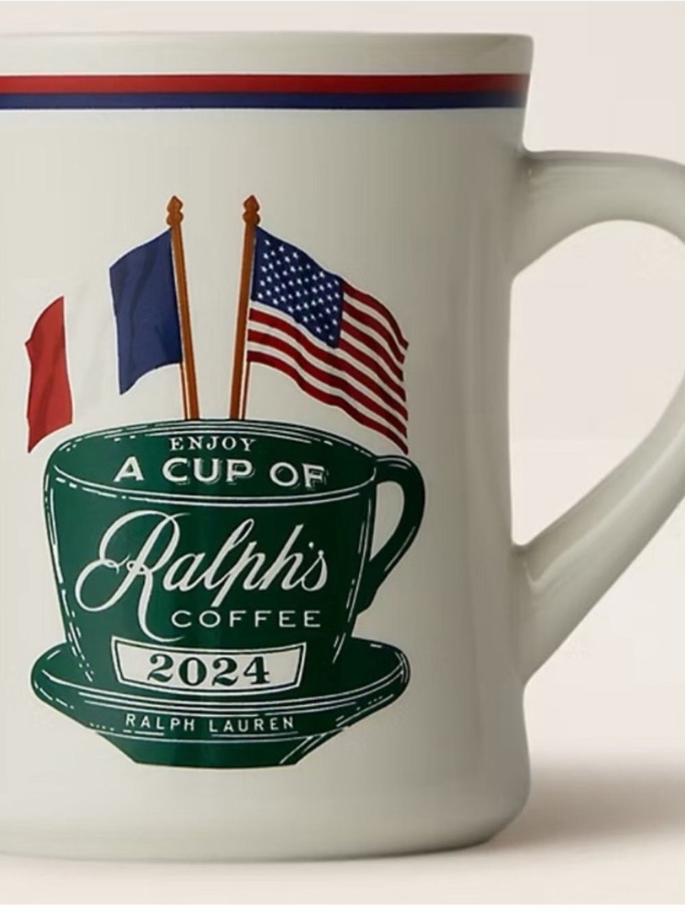 Ralph Lauren White Mug with Green Cup Graphic and Patriotic Flags
